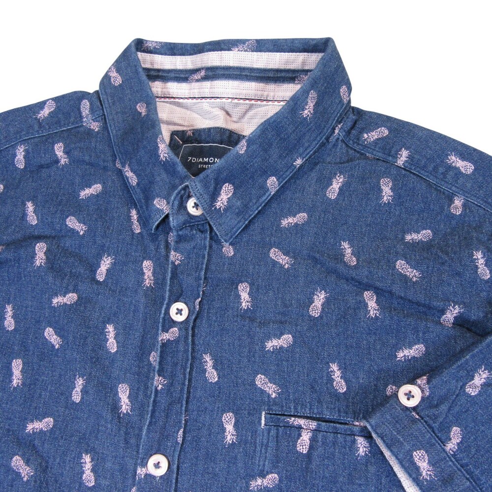 7 Diamonds Mens Button Up Shirt M Regular Blue Chambray Allover Pineapple